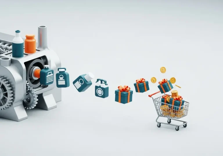 Illustration of a powerful e-commerce sales machine turning products into sales.