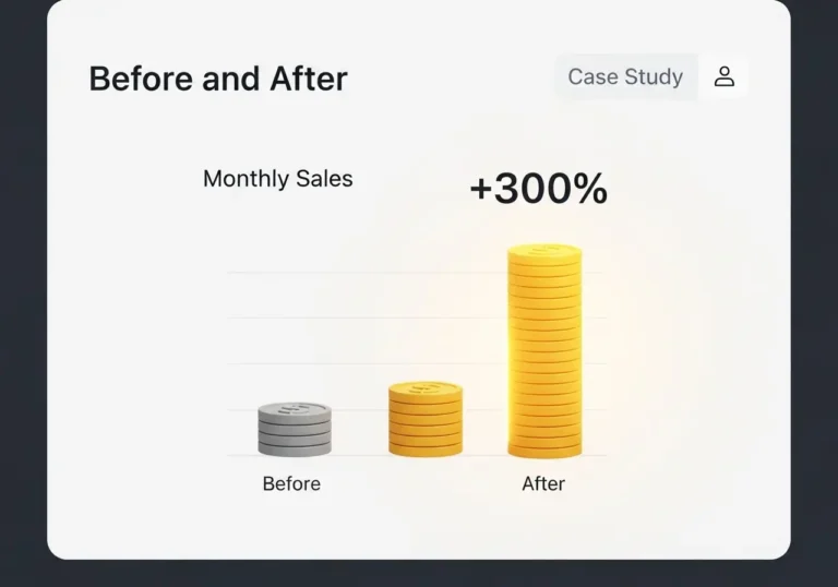 A bar chart from a case study visually demonstrating that online sales tripled, increasing by 300%, after a custom e-commerce website was built.