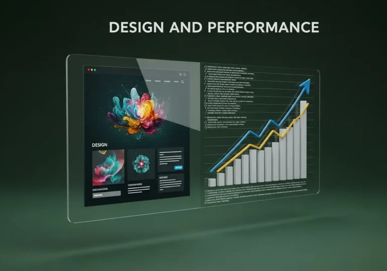 An abstract illustration showing a beautiful website design transforming into a performance graph, symbolizing WordPress development that combines aesthetics with business growth.