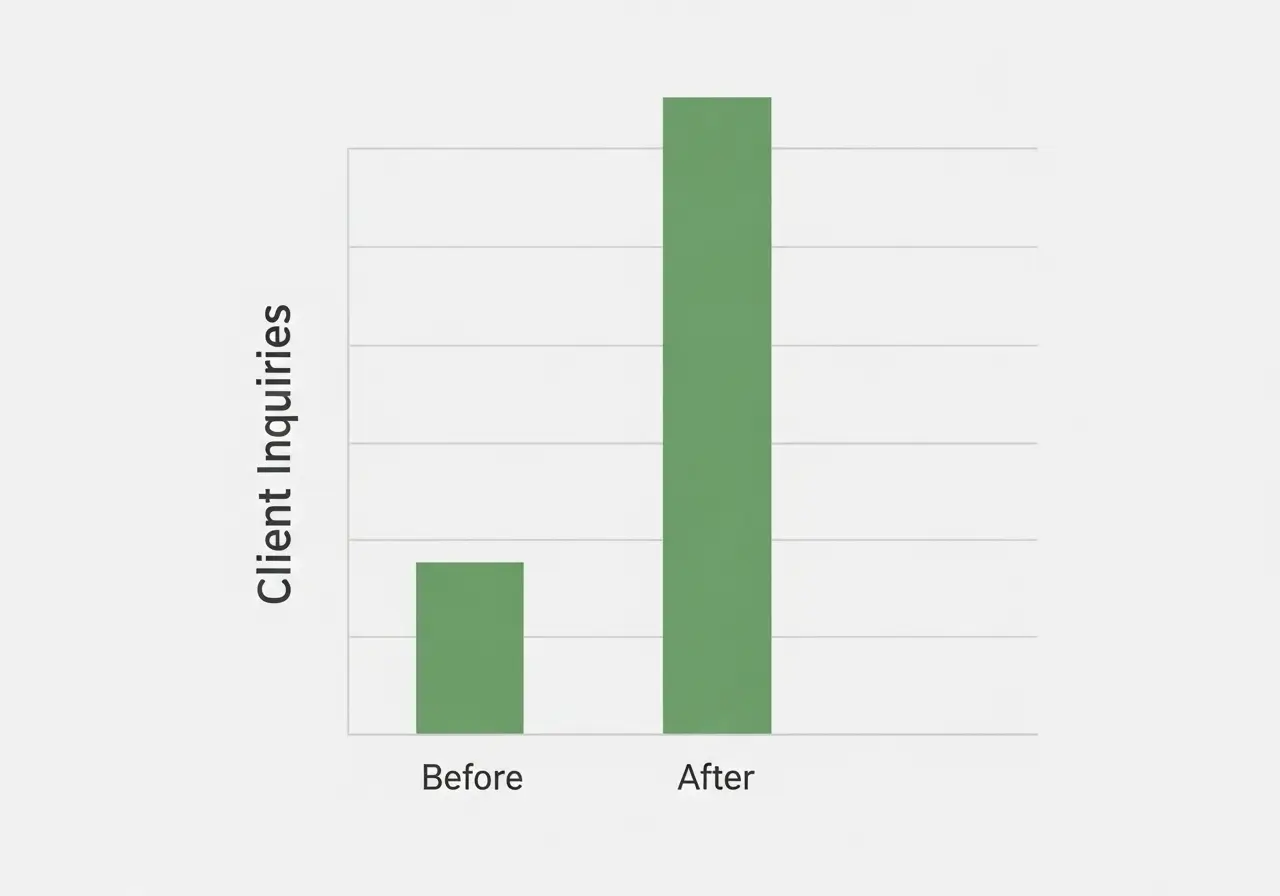 Bar chart showing a 300% increase in client inquiries after launching a professional portfolio website designed by Themesyde.