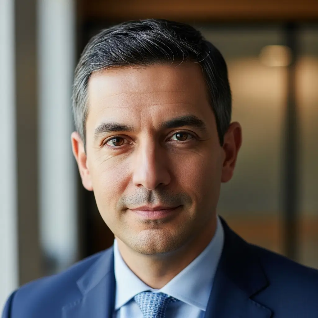 Headshot of a trustworthy-looking British man in his early 40s, a business founder. He has a calm and composed expression. Soft, natural lighting, photorealistic style.