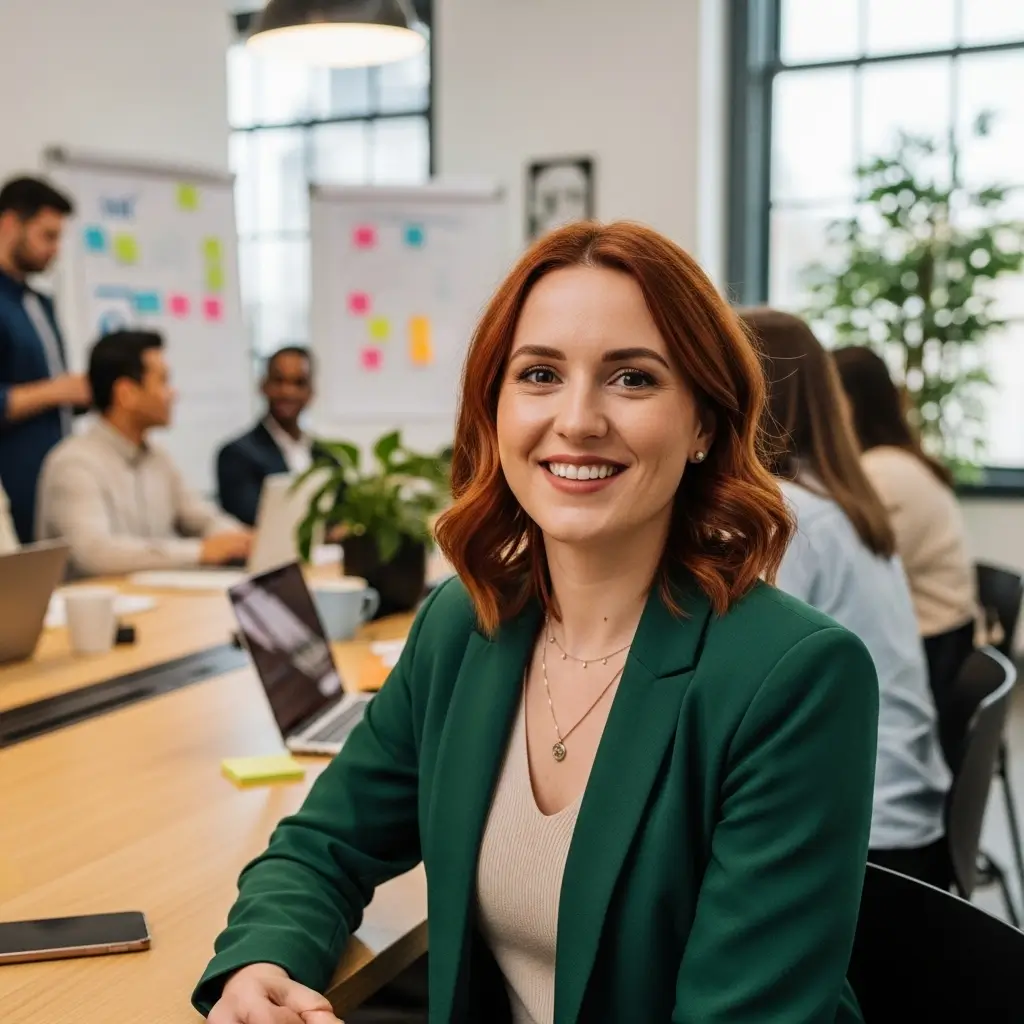 A friendly and energetic Irish woman in her late 30s, a Head of Marketing. She has a creative and approachable look, with a warm smile, in a collaborative office space. Photorealistic.