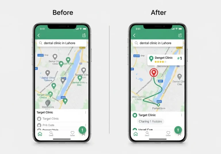 Before and after comparison graphic showing a dental clinic's local SEO results. The 'Before' image shows the clinic is invisible on Google Maps, and the 'After' image shows it as the #1 ranked result.