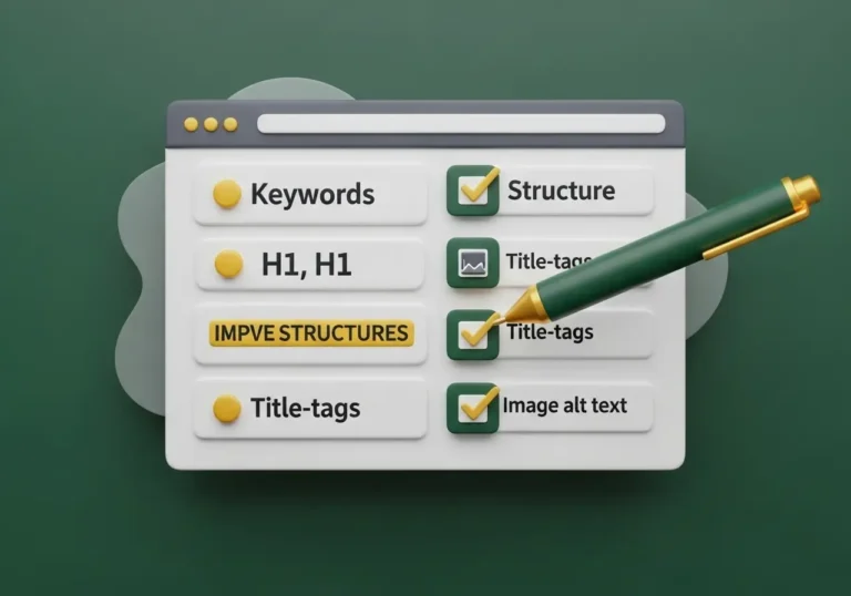 An infographic illustrating the On-Page SEO process, showing a digital tool optimizing a webpage's content, keywords, and title tags for better search engine ranking.