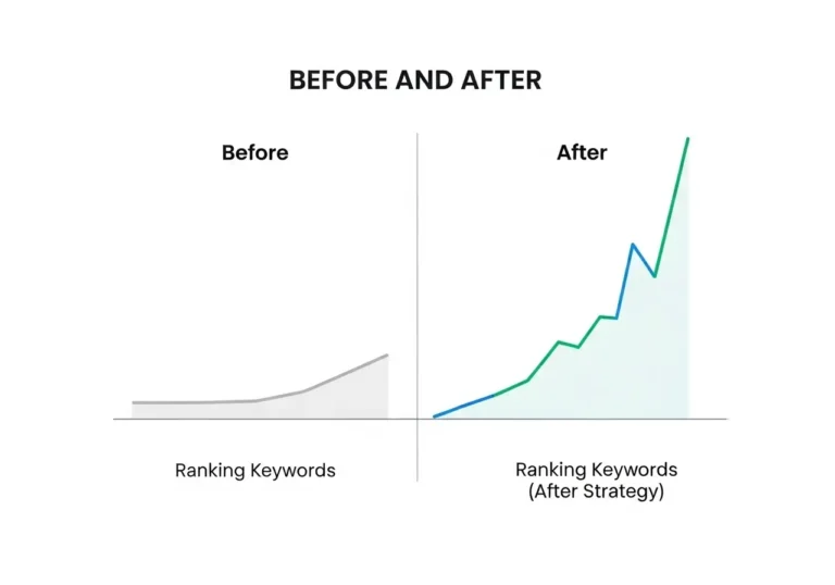 Before and after comparison graph showing a significant increase in ranking keywords after the implementation of a content strategy.