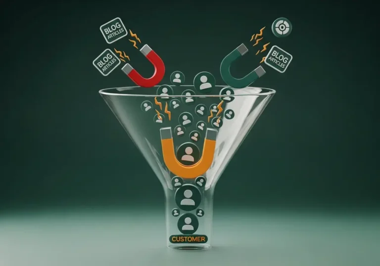 An infographic of a marketing funnel where blog articles attract a wide audience at the top, which is then converted into valuable customers at the bottom.