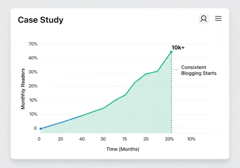 A line graph from a case study showing monthly readers growing from near zero to over 10,000 after implementing a consistent blogging strategy.