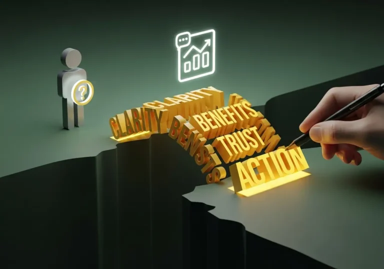 An illustration symbolizing website copywriting, showing a bridge made of powerful words like 'clarity' and 'trust' connecting a customer to a business solution.