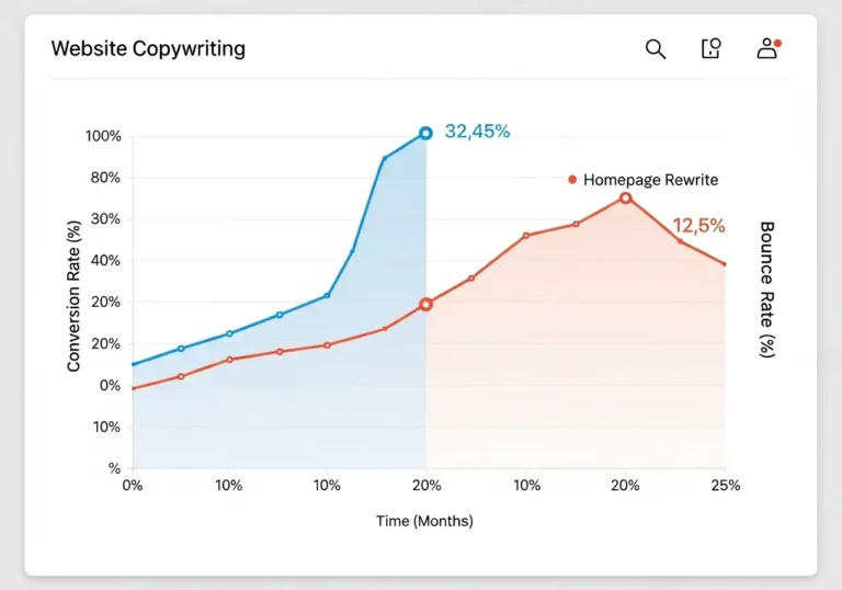 A dual-line graph from a website copywriting case study showing a significant increase in conversion rate and a decrease in bounce rate after a homepage rewrite.