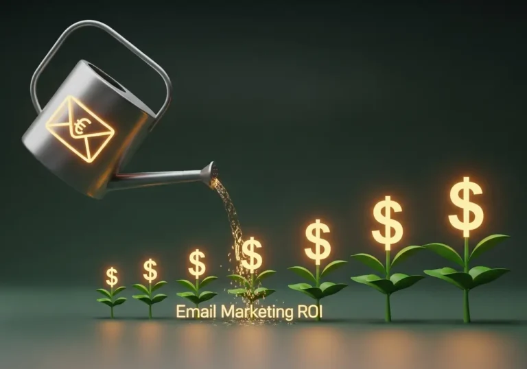 An illustration symbolizing email marketing ROI, showing a watering can labeled with an email icon nurturing plant sprouts that grow into plants with dollar signs for leaves.