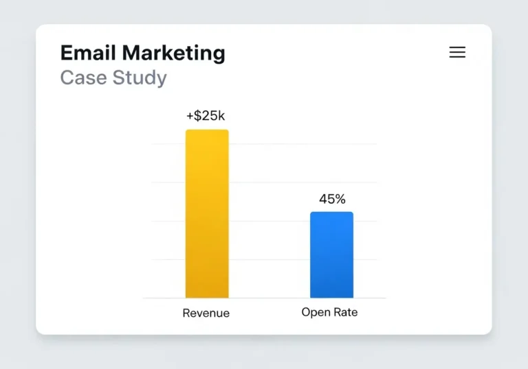 A dual-bar graph from an email marketing case study highlighting $25k revenue and a 45% average open rate achieved through a strategic welcome sequence.