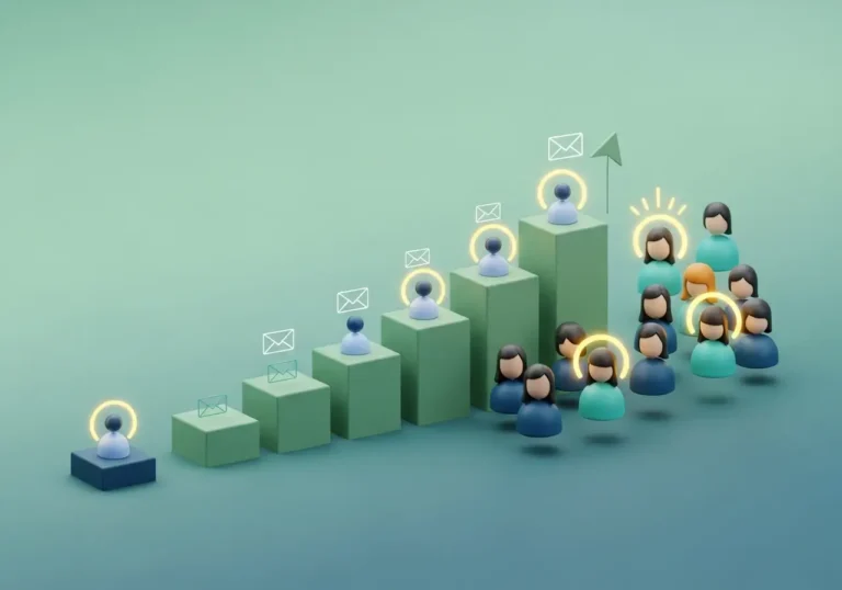 An illustration symbolizing email list growth, showing a path leading from a single visitor to a larger group of engaged subscribers.