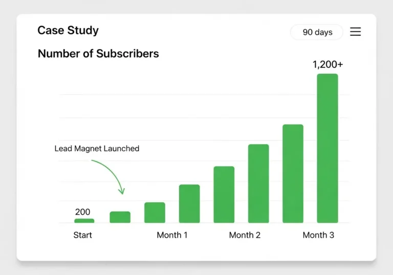 A bar chart from a case study showing email list growth from 200 to over 1,200 subscribers in 90 days after launching a lead magnet.