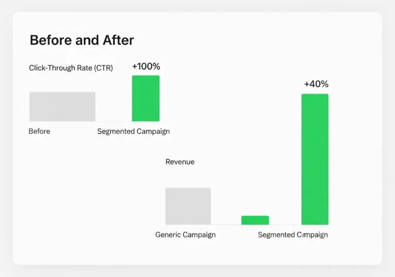 A bar chart from a case study visually demonstrating that click-through rates doubled (+100%) and revenue increased (+40%) after implementing list segmentation.