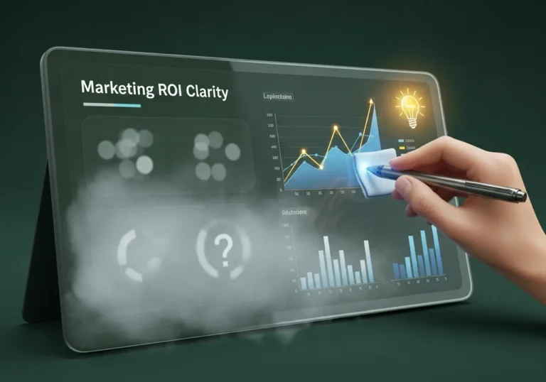 An illustration of a hand wiping fog away from a data dashboard, symbolizing the clarity that performance and ROI tracking provides to a business.