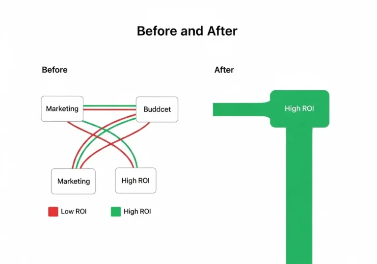 A Sankey diagram from a case study showing how a marketing budget was reallocated from unprofitable channels to a single profitable channel, resulting in significant growth.