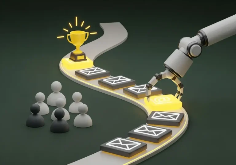 An illustration symbolizing lead nurturing and automation, showing a robot arm guiding users along a path from initial interest to a final goal.