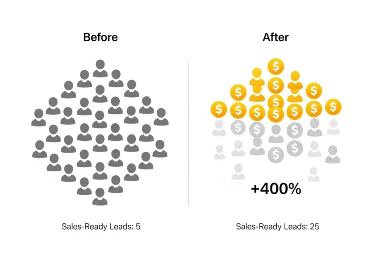 A before-and-after infographic from a case study, showing the number of sales-ready leads increasing by 400% after implementing lead nurturing automation.
