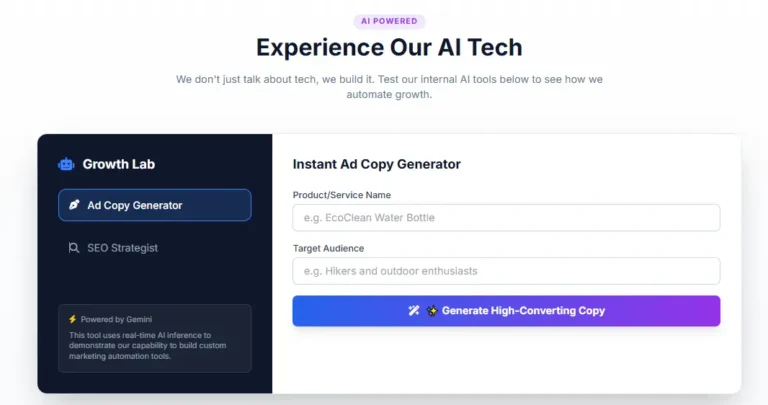 GrowthPulse agency AI technology feature section screenshot