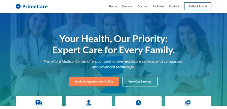 PrimeCare Medical Center clinic website homepage design with appointment booking feature