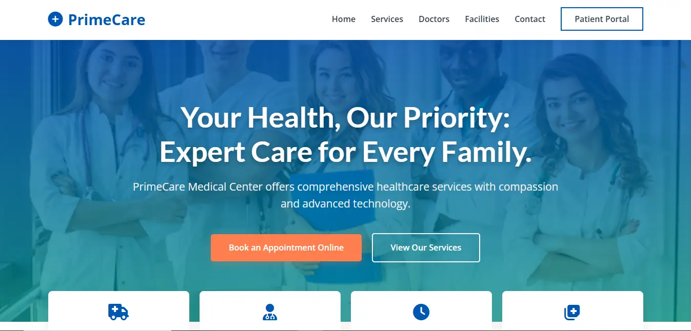 PrimeCare Medical Center clinic website homepage design with appointment booking feature
