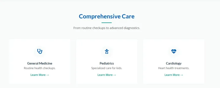 Medical clinic website services section design highlighting cardiology and dental care