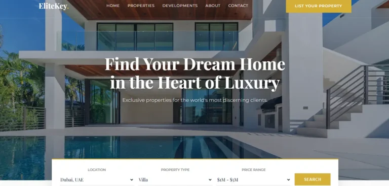Luxury real estate website homepage design with advanced property search bar for EliteKey Properties