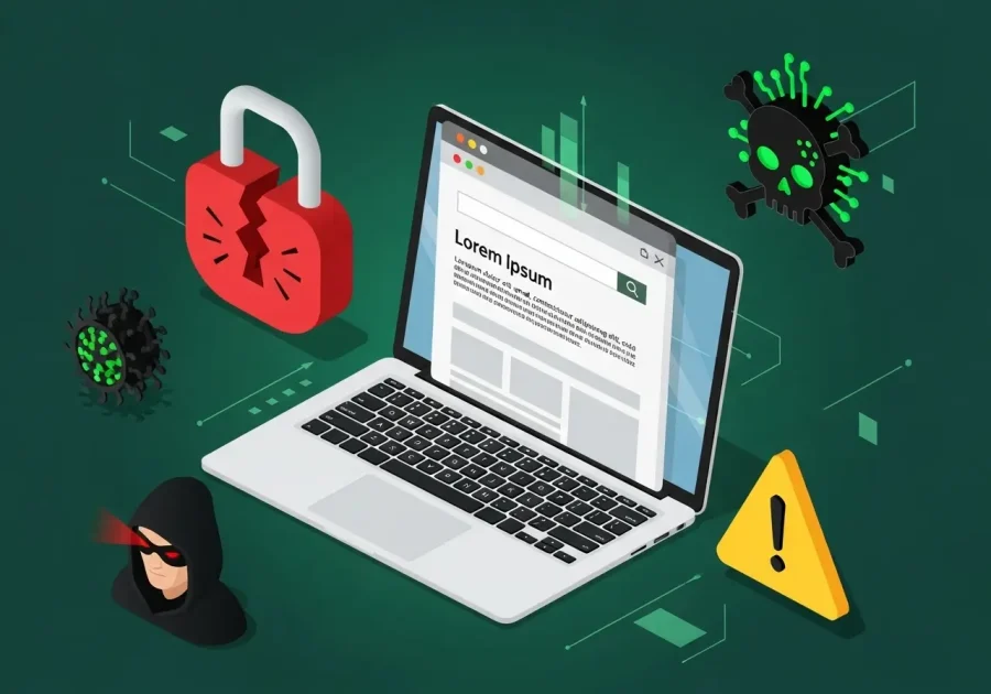 Illustration of a website at risk from common security threats like hackers, malware, and outdated software.