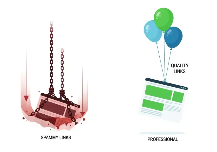 Illustration showing the negative effect of spammy, low-quality links versus the positive effect of high-quality link building.