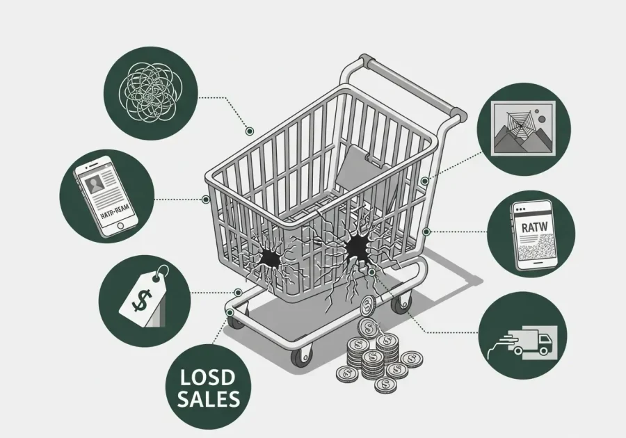Illustration showing common e-commerce mistakes like a leaking shopping cart. Illustration showing common e-commerce mistakes like a leaking shopping cart.