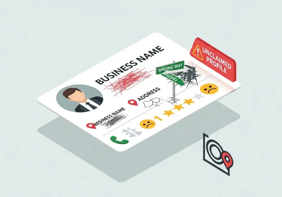 An infographic illustration of common local SEO issues, showing a neglected business profile with an incorrect address, bad reviews, and an ‘unclaimed’ status. An infographic illustration of common local SEO issues, showing a neglected business profile with an incorrect address, bad reviews, and an 'unclaimed' status.