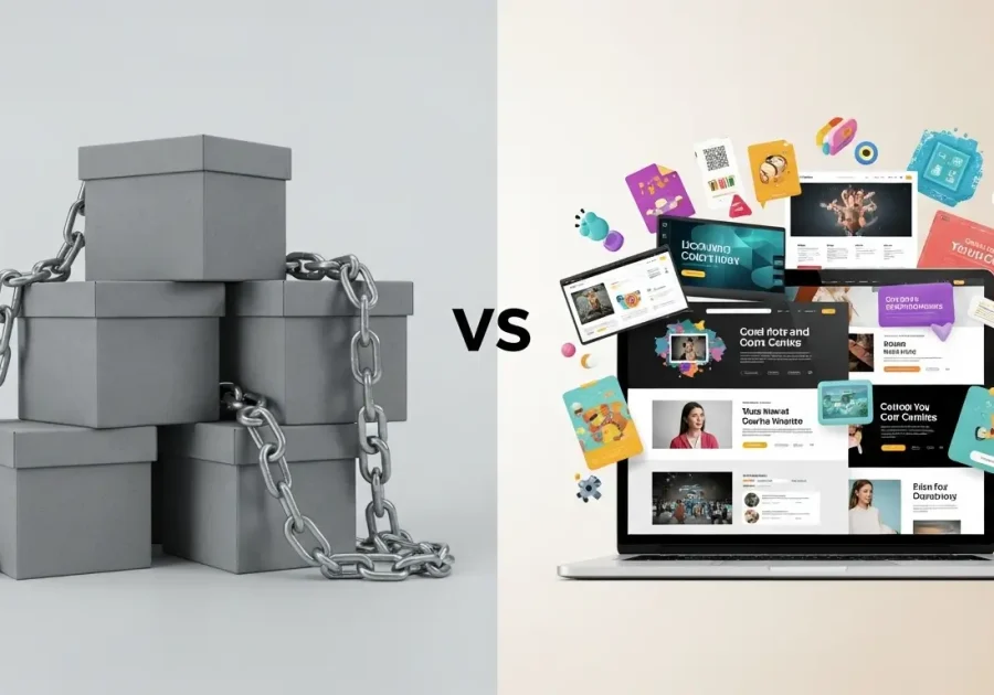 Gray chained boxes vs colorful modern website design bursting from laptop, symbolizing outdated vs custom web design.