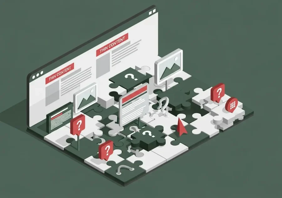 An infographic of a webpage as a jumbled puzzle, symbolizing common on-page SEO issues like poor structure, thin content, and missing keywords. An infographic of a webpage as a jumbled puzzle, symbolizing common on-page SEO issues like poor structure, thin content, and missing keywords.