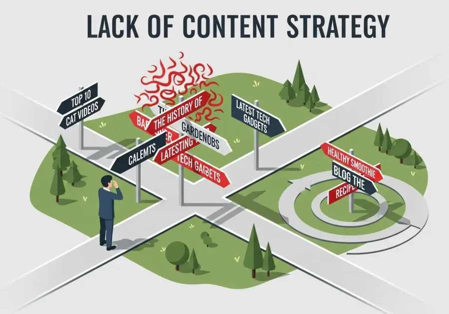 An infographic showing a person confused at a crossroads with random blog topics on signs, symbolizing the lack of direction from a poor content strategy. An infographic showing a person confused at a crossroads with random blog topics on signs, symbolizing the lack of direction from a poor content strategy. An infographic showing a person confused at a crossroads with random blog topics on signs, symbolizing the lack of direction from a poor content strategy. An infographic showing a person confused at a crossroads with random blog topics on signs, symbolizing the lack of direction from a poor content strategy.