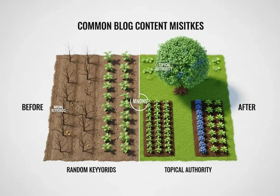 An infographic comparing a neglected garden representing blog mistakes to a thriving garden representing a successful blog strategy. An infographic comparing a neglected garden representing blog mistakes to a thriving garden representing a successful blog strategy.