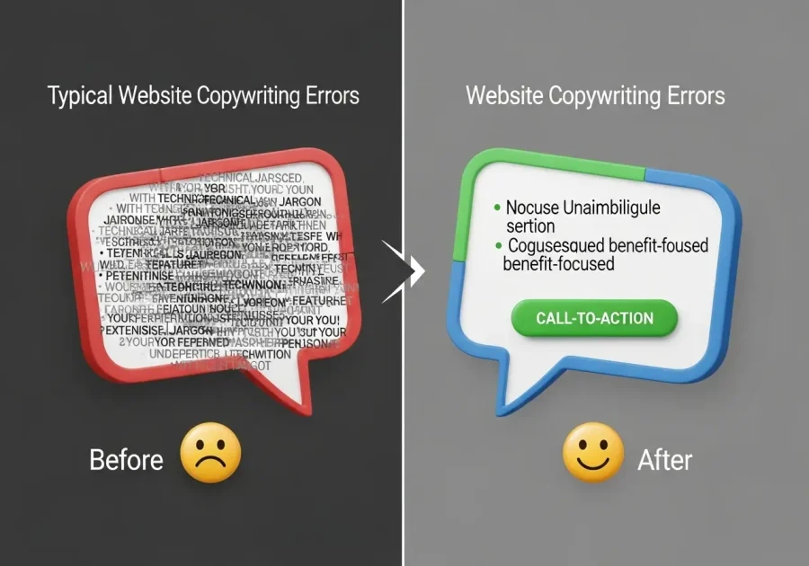 An infographic comparing a cluttered speech bubble representing poor copywriting to a clear speech bubble with a strong call-to-action, representing effective copywriting. An infographic comparing a cluttered speech bubble representing poor copywriting to a clear speech bubble with a strong call-to-action, representing effective copywriting.