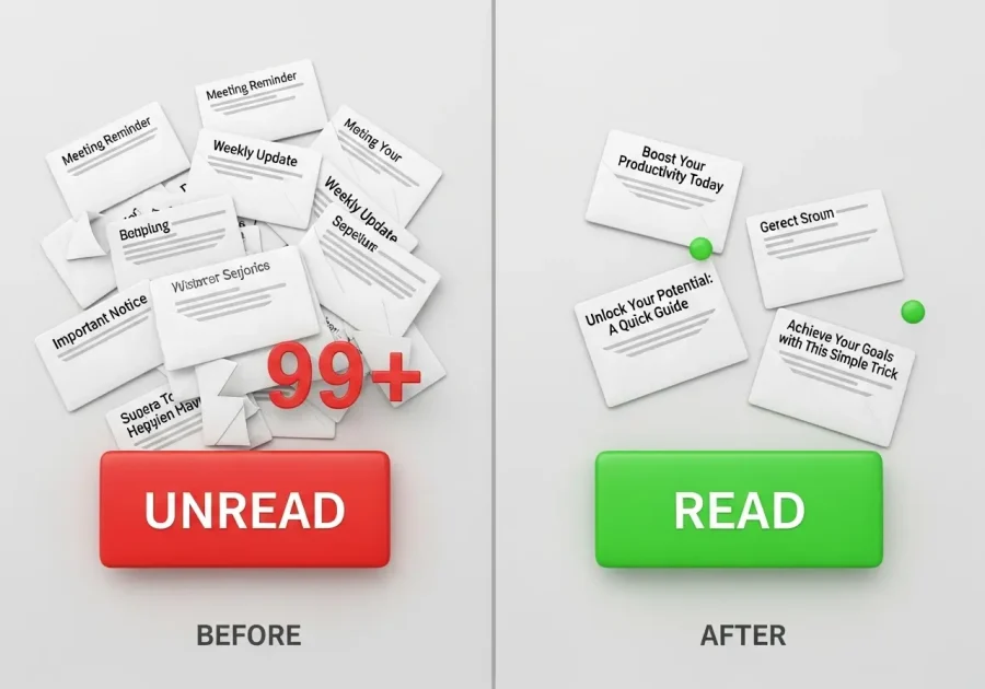 An infographic comparing a cluttered email inbox representing poor email copywriting to a clean inbox with engaging subject lines, representing effective email copywriting. An infographic comparing a cluttered email inbox representing poor email copywriting to a clean inbox with engaging subject lines, representing effective email copywriting.
