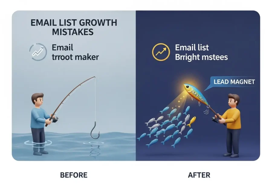 An infographic using a fishing metaphor to compare a poor list growth strategy (a bare hook) with a successful one (an attractive lead magnet). An infographic using a fishing metaphor to compare a poor list growth strategy (a bare hook) with a successful one (an attractive lead magnet).