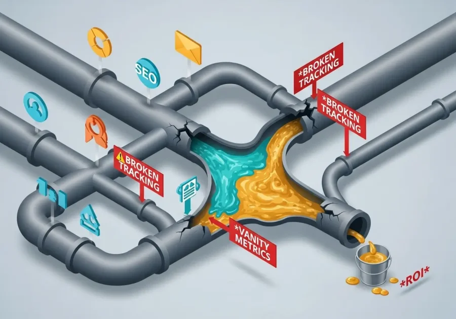 An infographic of a leaky pipeline symbolizing how common tracking mistakes cause a business to lose marketing budget and fail to see their true ROI. An infographic of a leaky pipeline symbolizing how common tracking mistakes cause a business to lose marketing budget and fail to see their true ROI.