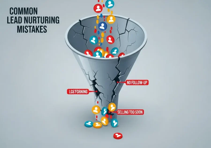 An infographic of a leaky sales funnel symbolizing how common lead nurturing mistakes cause a business to lose valuable leads. An infographic of a leaky sales funnel symbolizing how common lead nurturing mistakes cause a business to lose valuable leads.