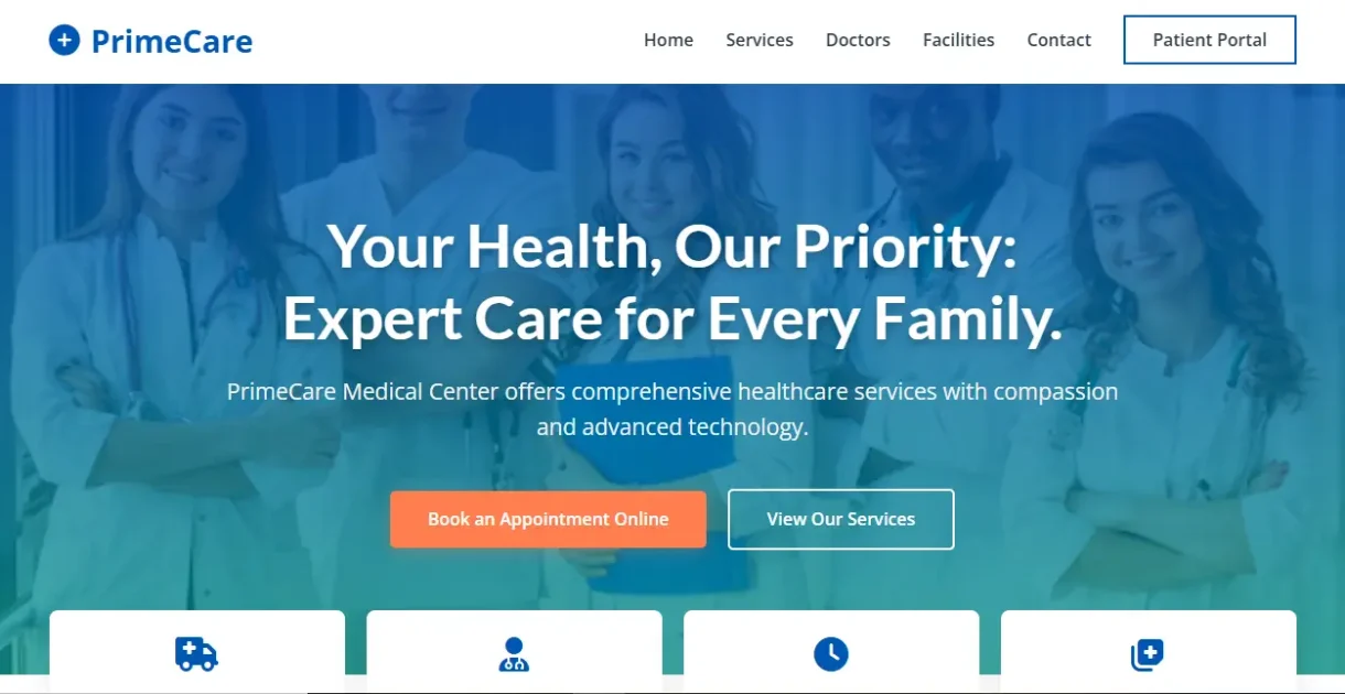PrimeCare Medical Center clinic website homepage design with appointment booking feature