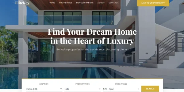 Luxury real estate website homepage design with advanced property search bar for EliteKey Properties