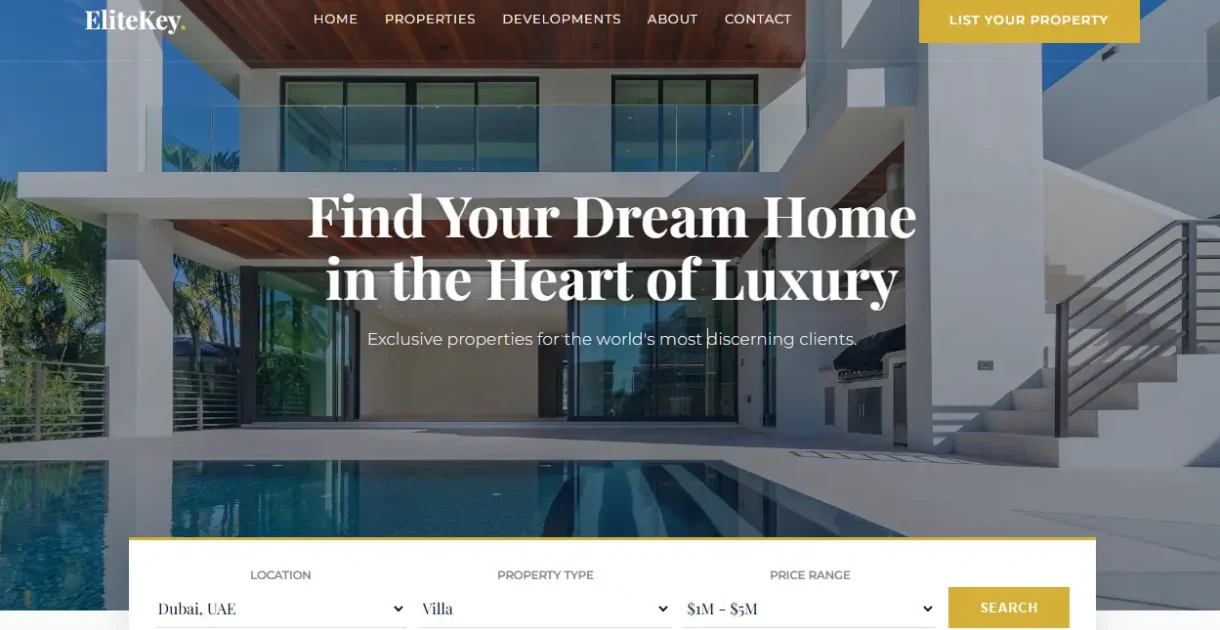 Luxury real estate website homepage design with advanced property search bar for EliteKey Properties